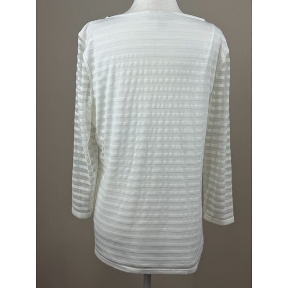 Dana Buchman L White Layered Mesh Stripe Top Sheer Blouse Long Sleeve Stretch - Picture 3 of 10